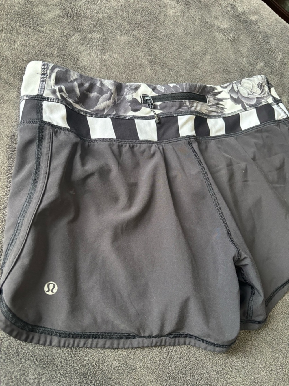 lululemon athletica Black Athletic Shorts with Gray Floral Waistband
